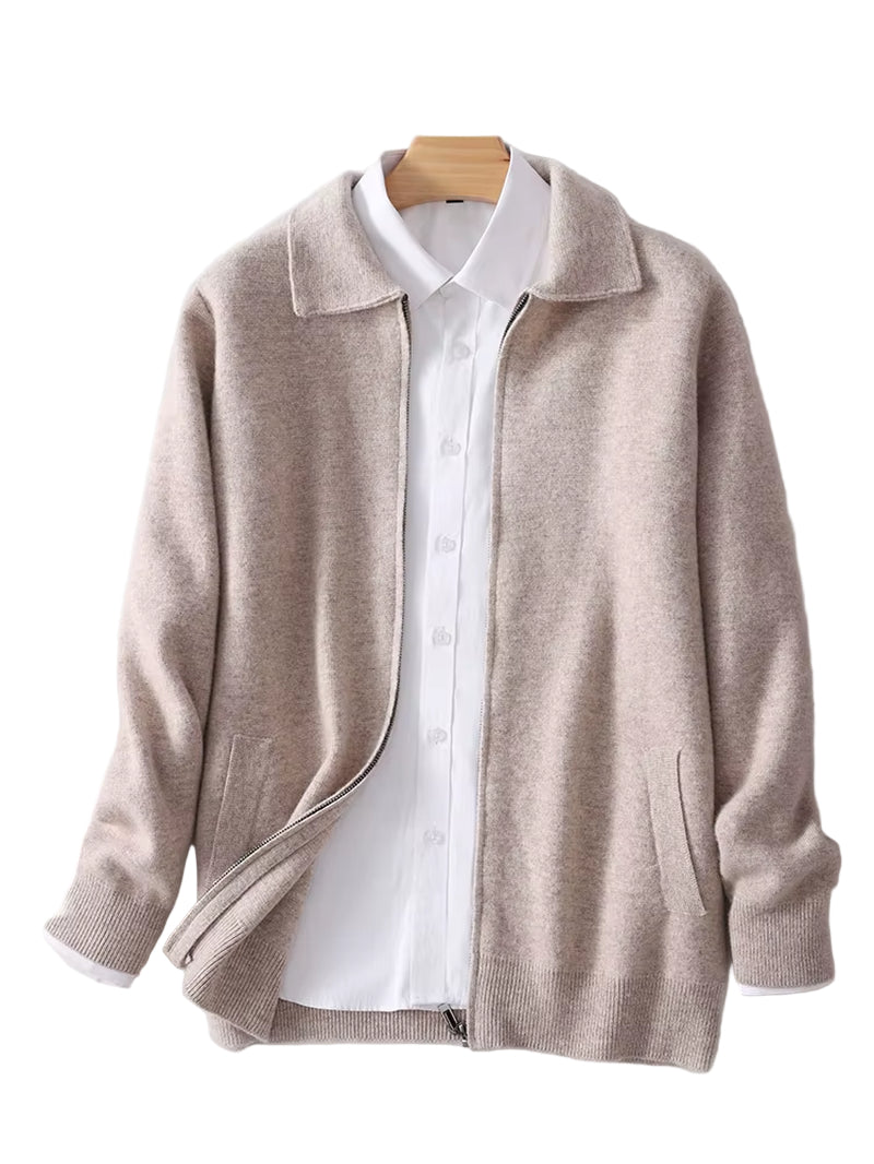 New 100% Cashmere Knitwear Cardigan Sweater Men'S Lapel Zipper Thick Jacket Shirt Collar Smart Casual Knitted Long Sleeve Tops