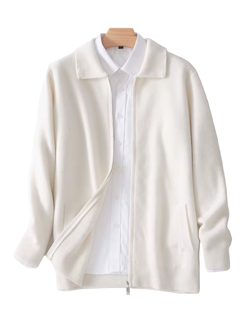 New 100% Cashmere Knitwear Cardigan Sweater Men'S Lapel Zipper Thick Jacket Shirt Collar Smart Casual Knitted Long Sleeve Tops