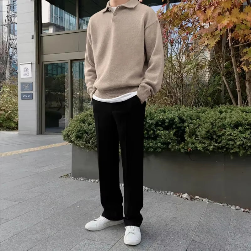 New Style Men'S Sweater for Autumn and Winter, Korean Style Trendy Turn-Down Collar, Loose and Lazy Polo Collar Knitted Shirt
