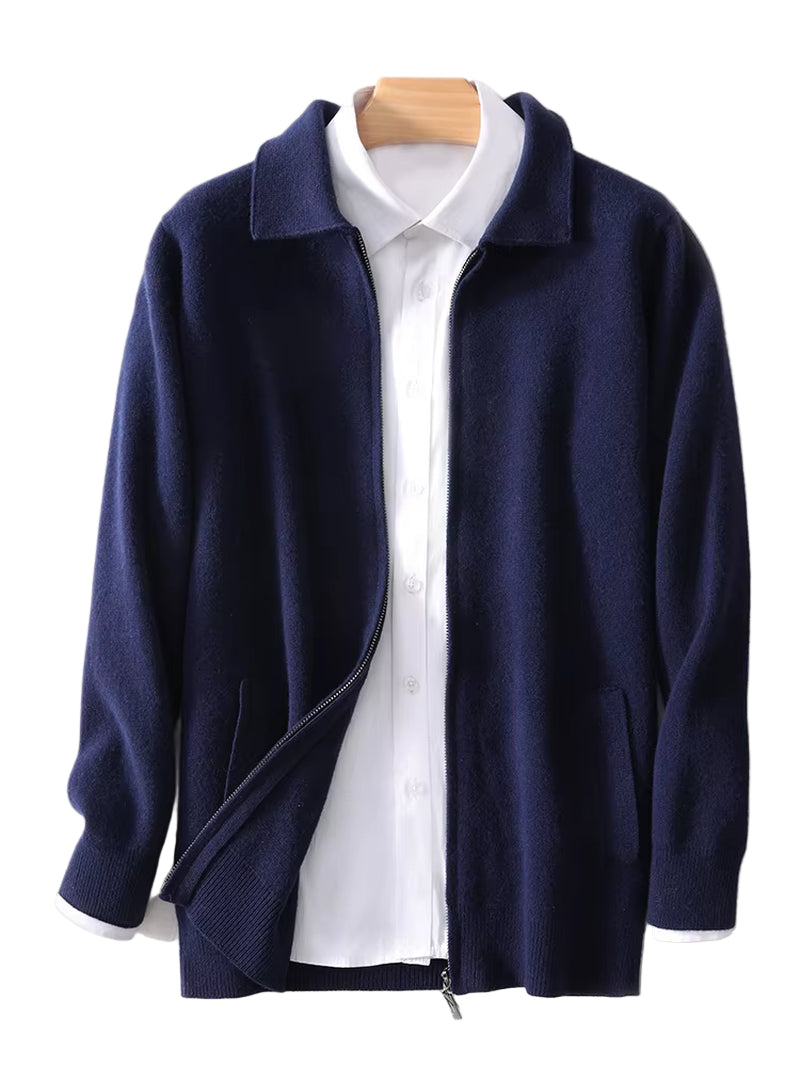 New 100% Cashmere Knitwear Cardigan Sweater Men'S Lapel Zipper Thick Jacket Shirt Collar Smart Casual Knitted Long Sleeve Tops