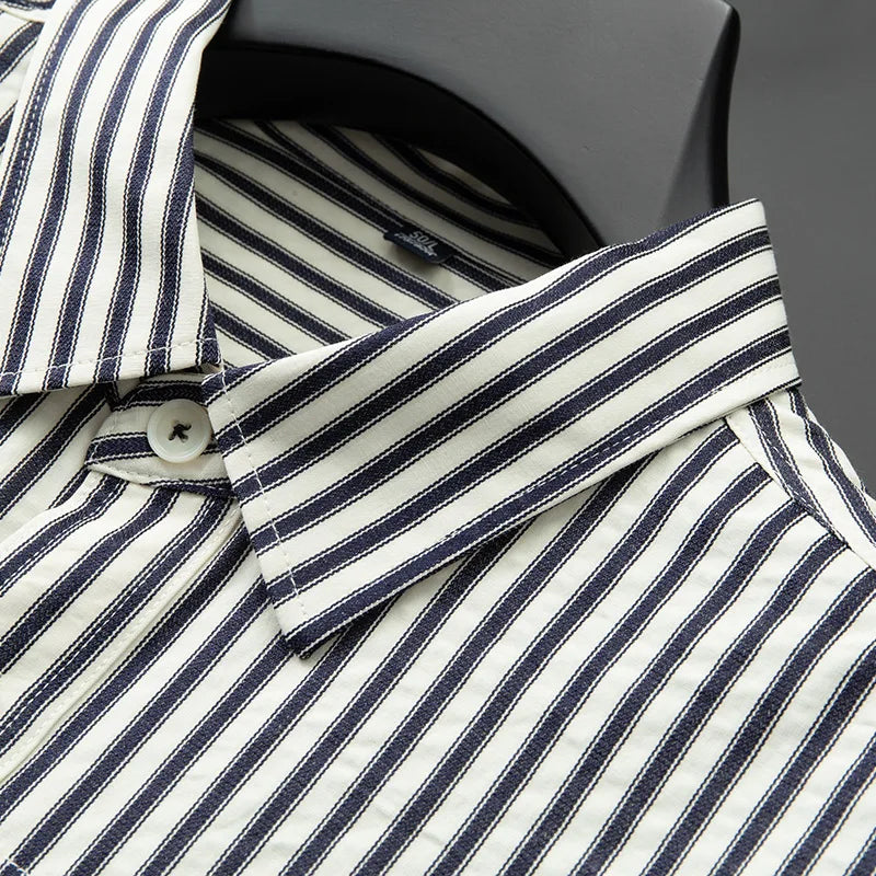 Casual Japanese Style Long Sleeve Striped Pocket Shirt Men'S Fashion Loose Fit Spring Autumn High End Feeling Top Men'S Wear