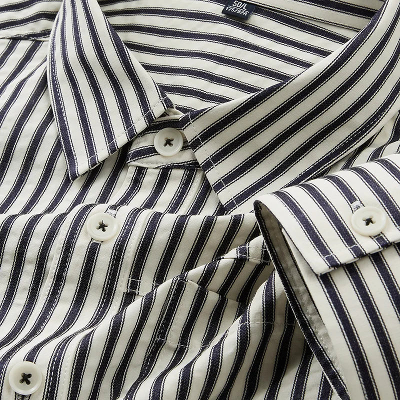 Casual Japanese Style Long Sleeve Striped Pocket Shirt Men'S Fashion Loose Fit Spring Autumn High End Feeling Top Men'S Wear