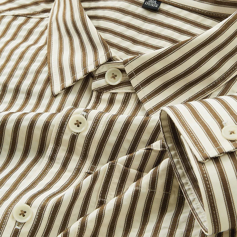 Casual Japanese Style Long Sleeve Striped Pocket Shirt Men'S Fashion Loose Fit Spring Autumn High End Feeling Top Men'S Wear