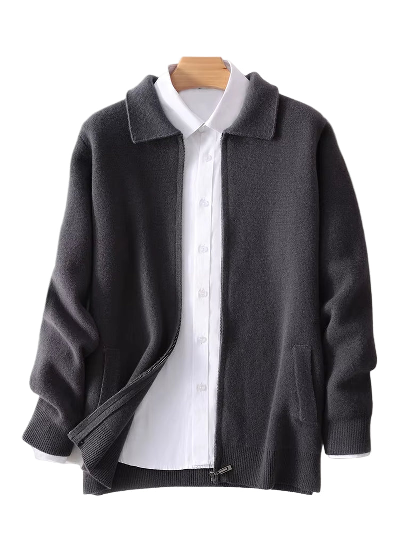 New 100% Cashmere Knitwear Cardigan Sweater Men'S Lapel Zipper Thick Jacket Shirt Collar Smart Casual Knitted Long Sleeve Tops