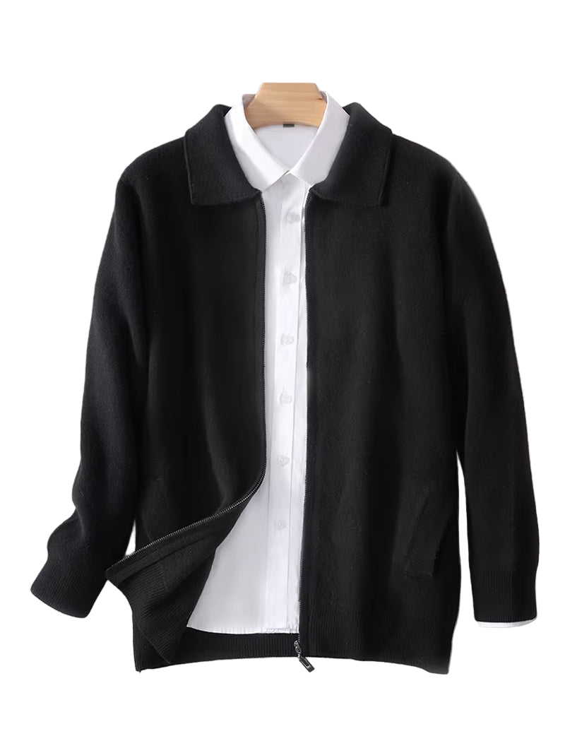 New 100% Cashmere Knitwear Cardigan Sweater Men'S Lapel Zipper Thick Jacket Shirt Collar Smart Casual Knitted Long Sleeve Tops