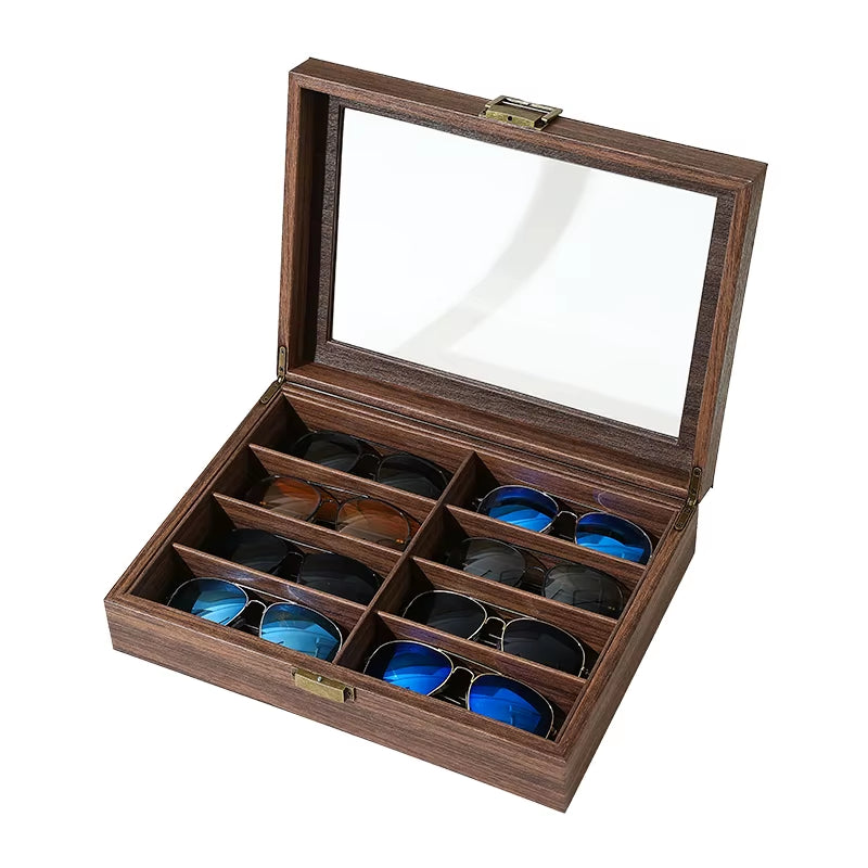Large Capaci 8 Ids Sunglasses Storage Box Display Case Vintage Wooden Texture Leather Eyeglasses Organizer Faion Accory